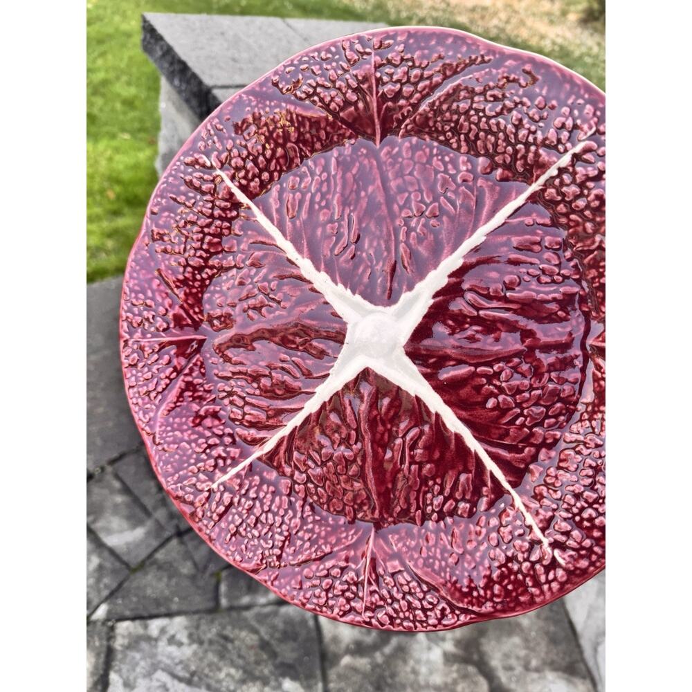 1950s Secla Majolica Portugal Secla Deep Red Cabbage Leaf 10.75” Dinner Plates~3